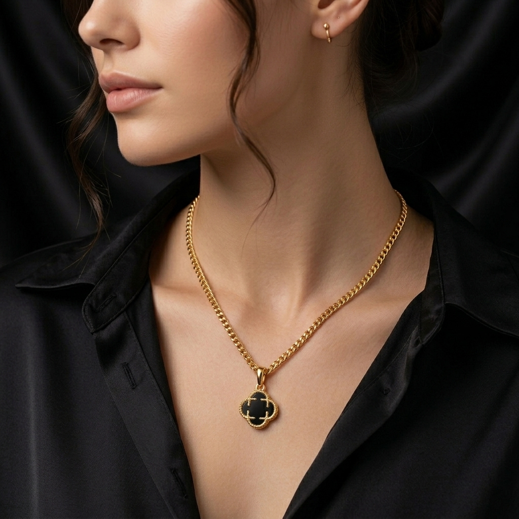 Gold Black Enamel Four Leaf Clover Necklace