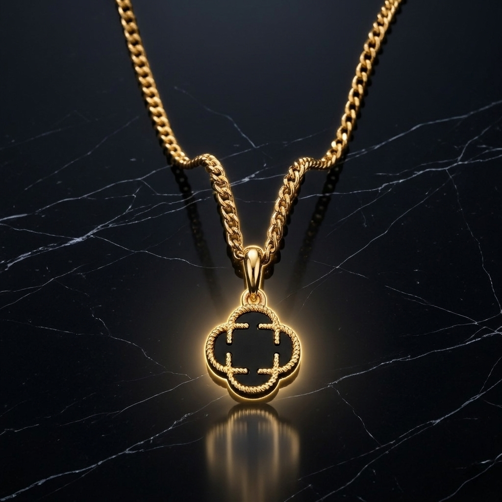 Gold Black Enamel Four Leaf Clover Necklace