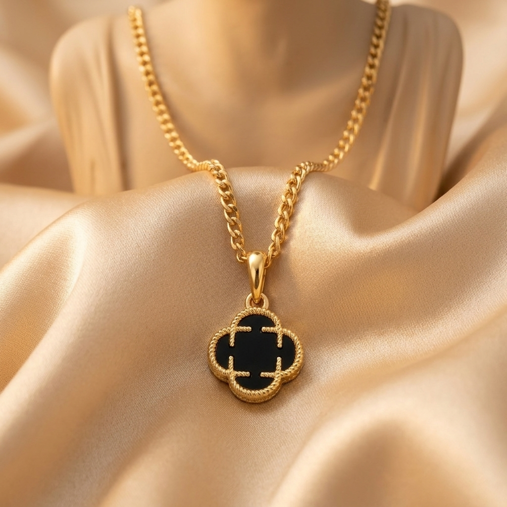 Gold Black Enamel Four Leaf Clover Necklace