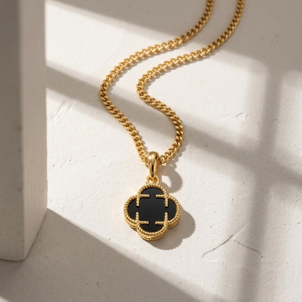 Gold Black Enamel Four Leaf Clover Necklace