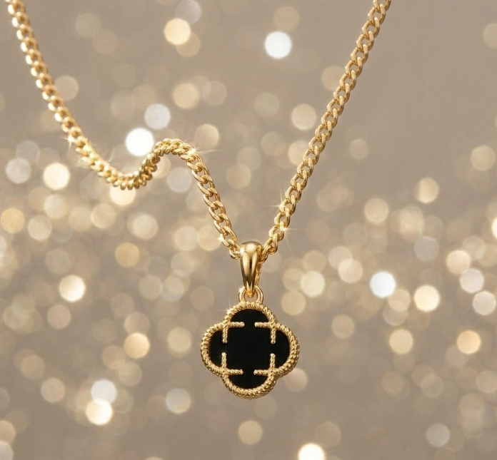 Gold Black Enamel Four Leaf Clover Necklace