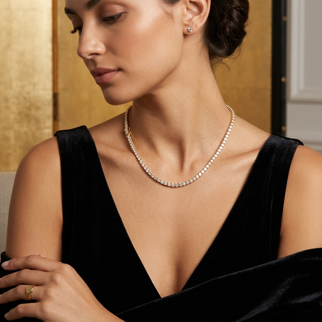 Silver Round Cut Sparkling Crystal Tennis Necklace