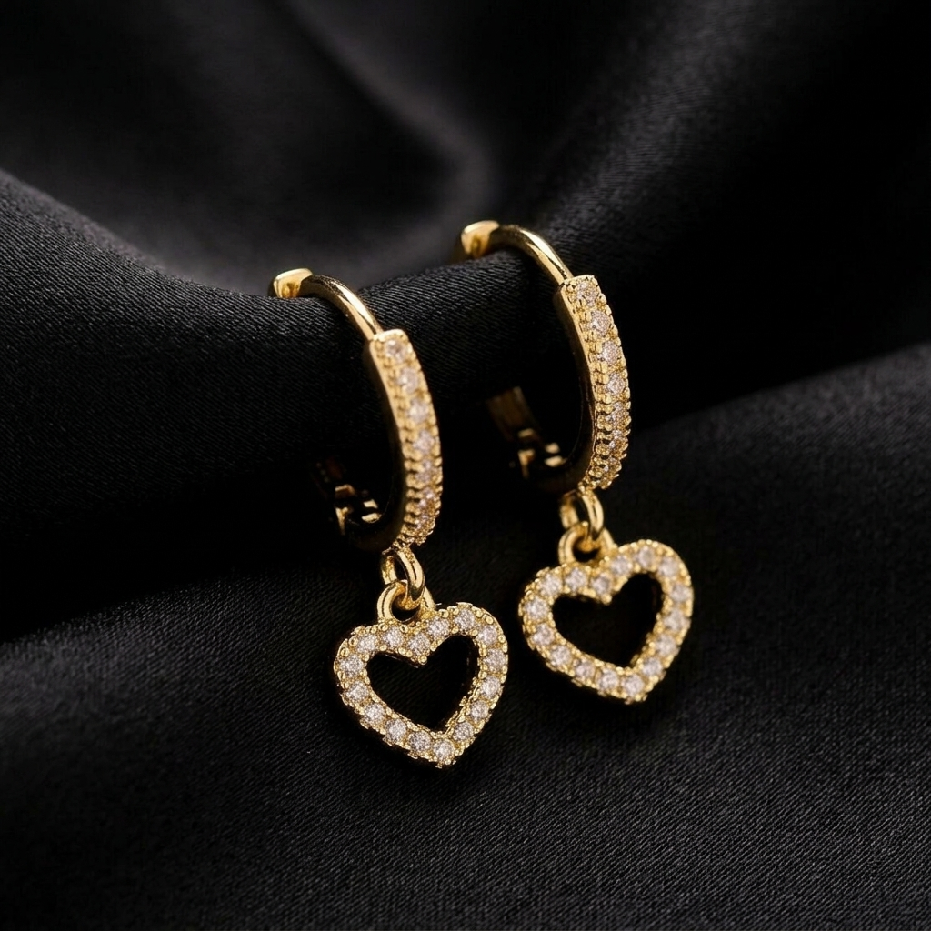 Gold Pave Crystal Heart Drop Huggie Earrings