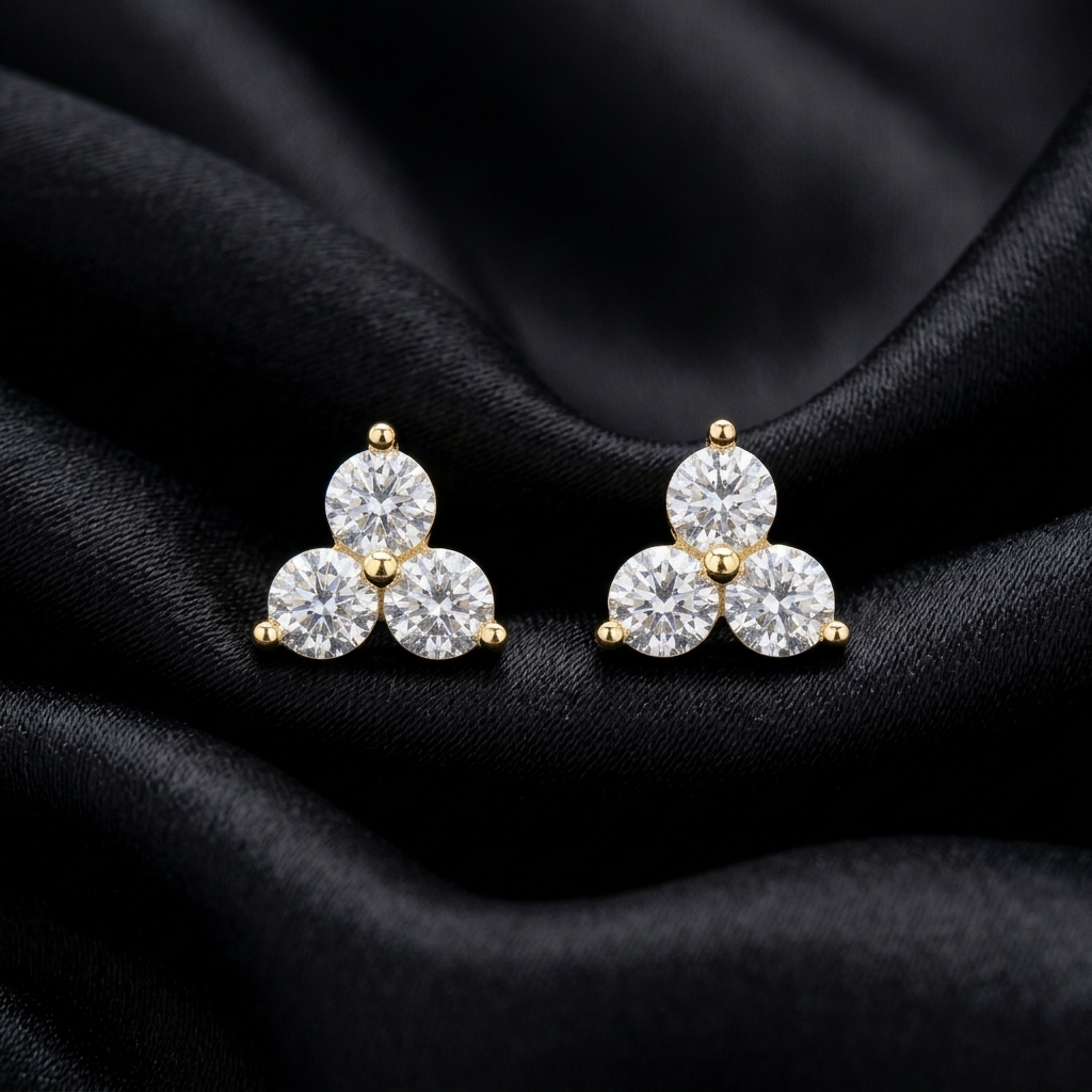Gold Three Stone Crystal Trinity Stud Earrings