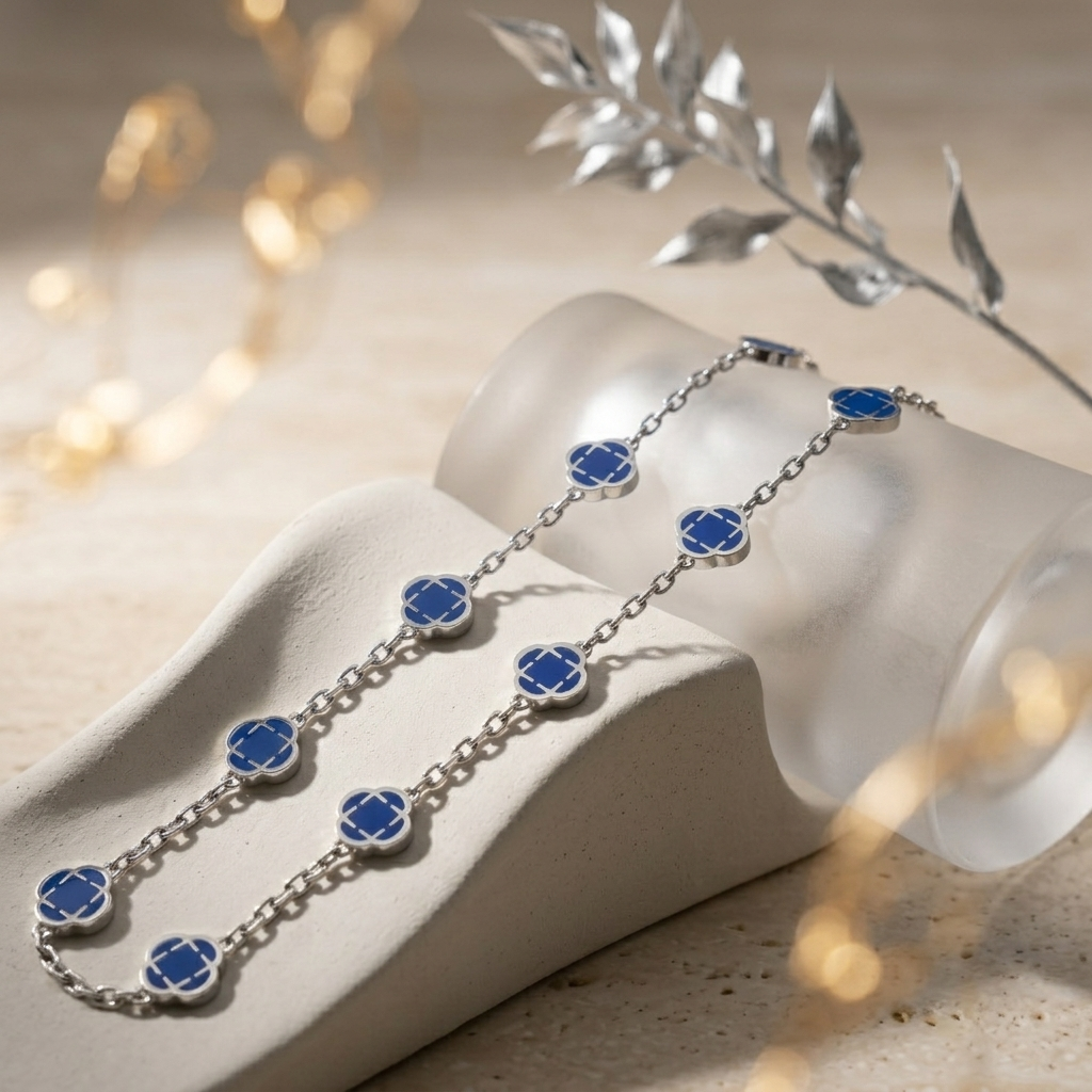 Silver Blue Crystal Clover Leaf Pendant Necklace