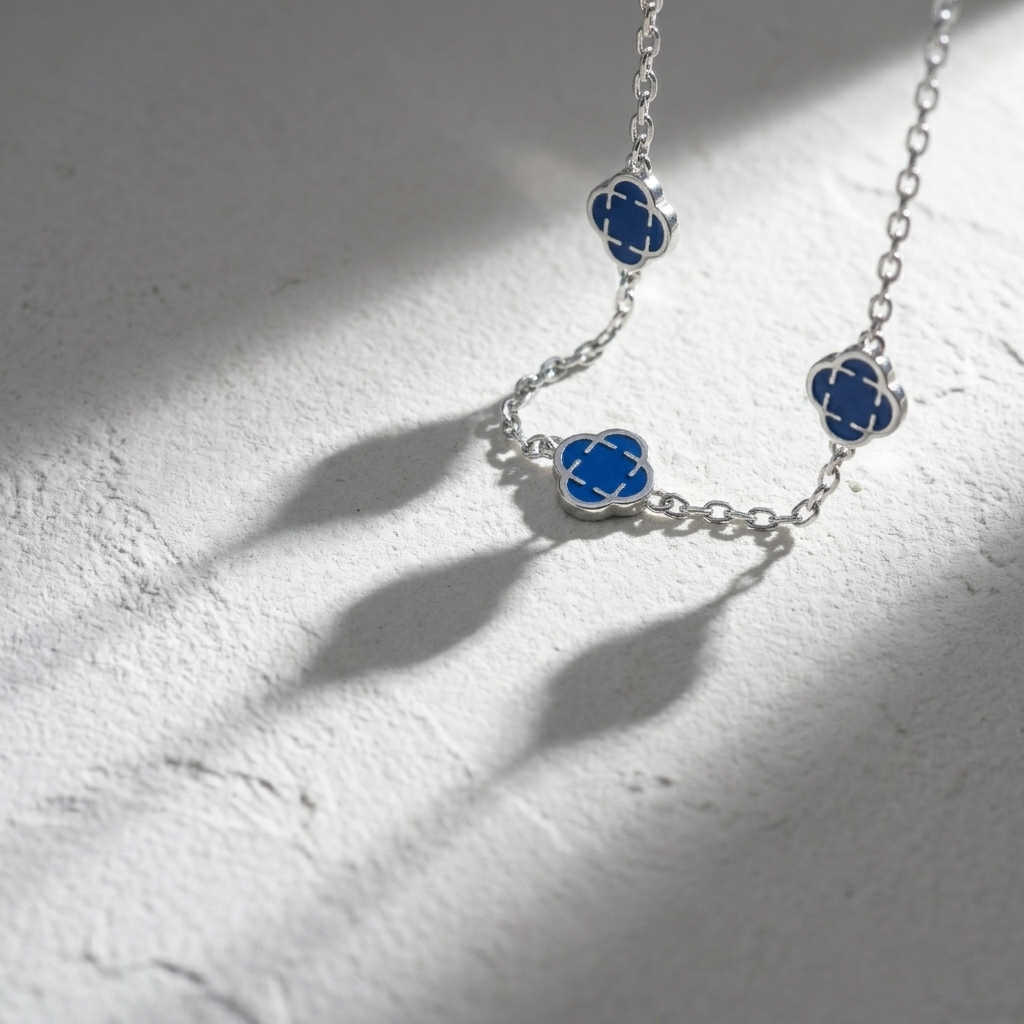 Silver Blue Crystal Clover Leaf Pendant Necklace