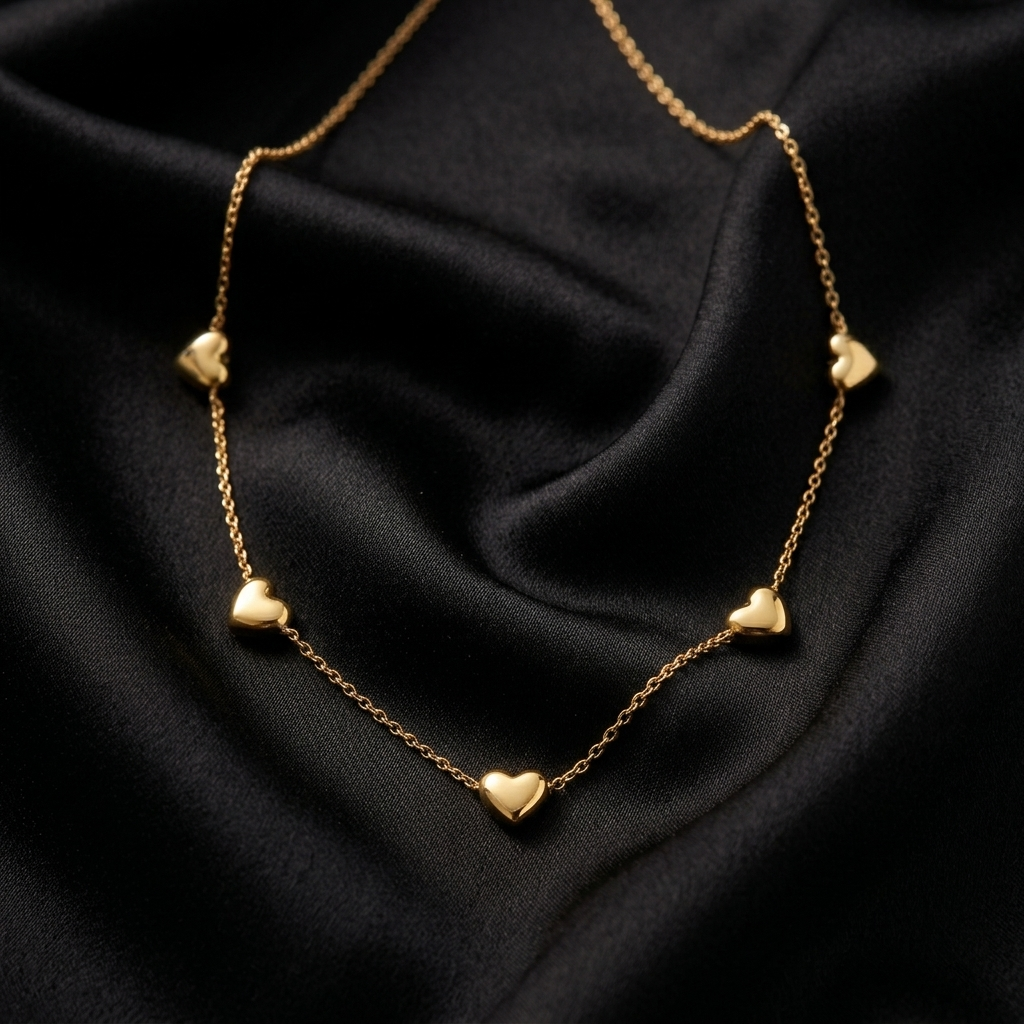 Gold Dainty Heart Station Beaded Layering Necklace