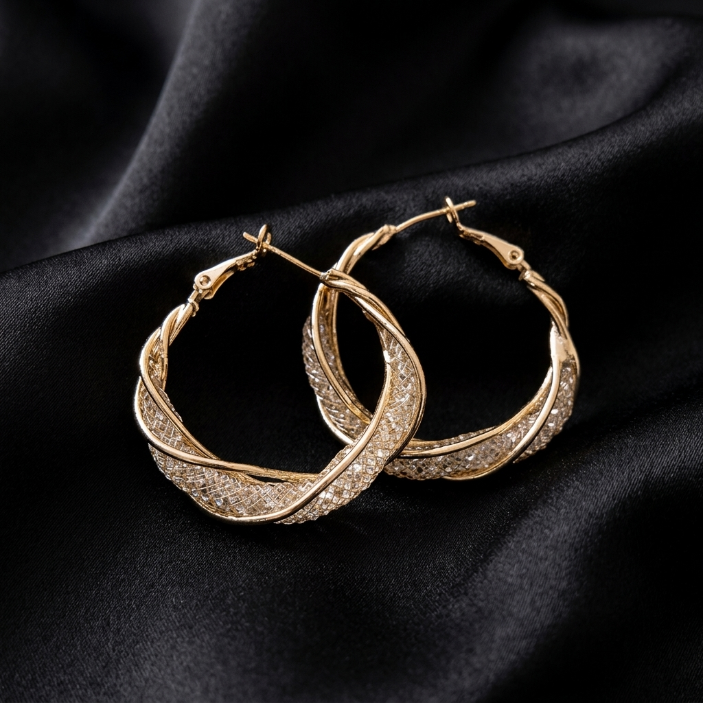 Gold Braided Pave Twisted Hoop Earrings