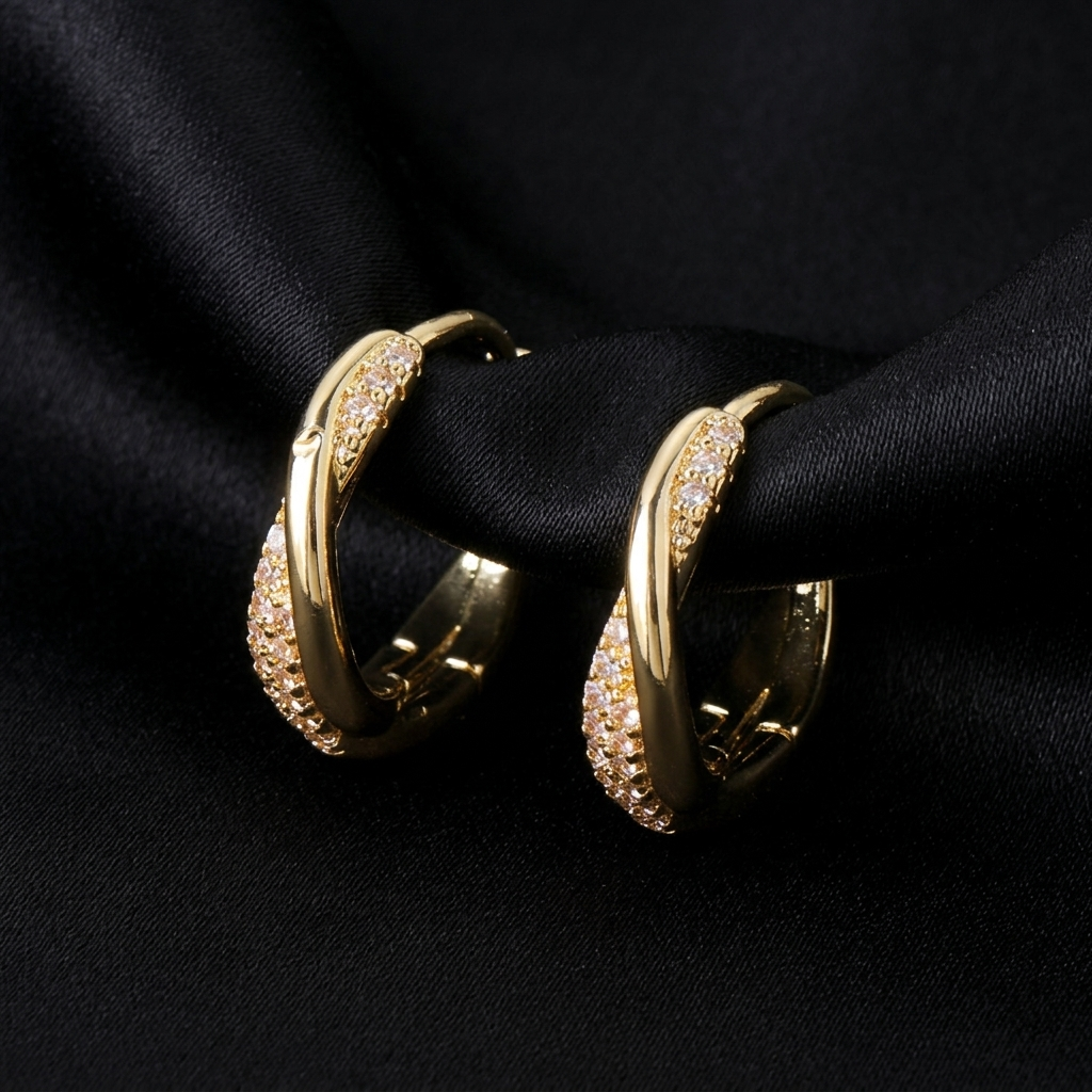 Gold Twisted Pave Crystal Huggie Hoop Earrings