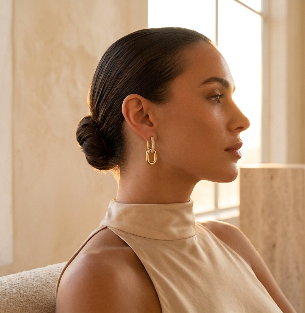 Gold Pave Crystal Paperclip Link Drop Earrings