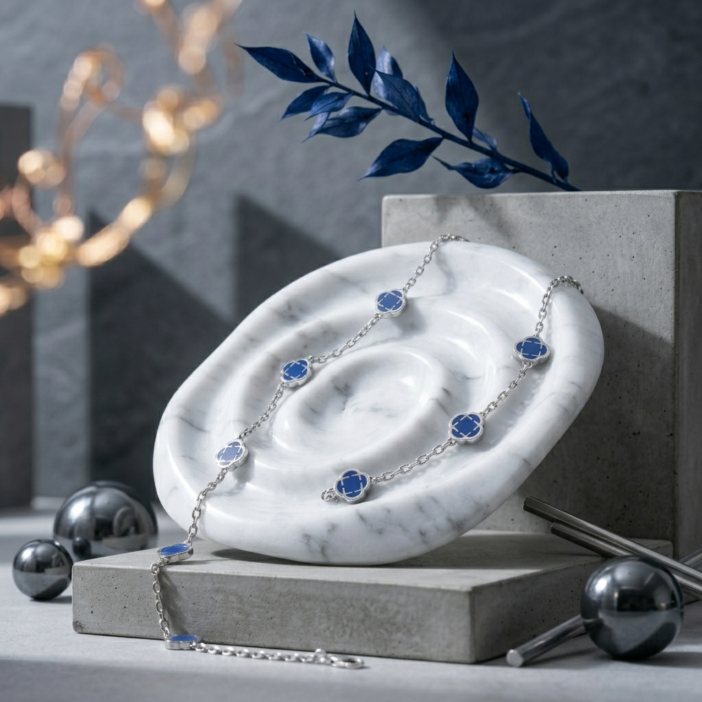 Silver Blue Crystal Clover Leaf Pendant Necklace