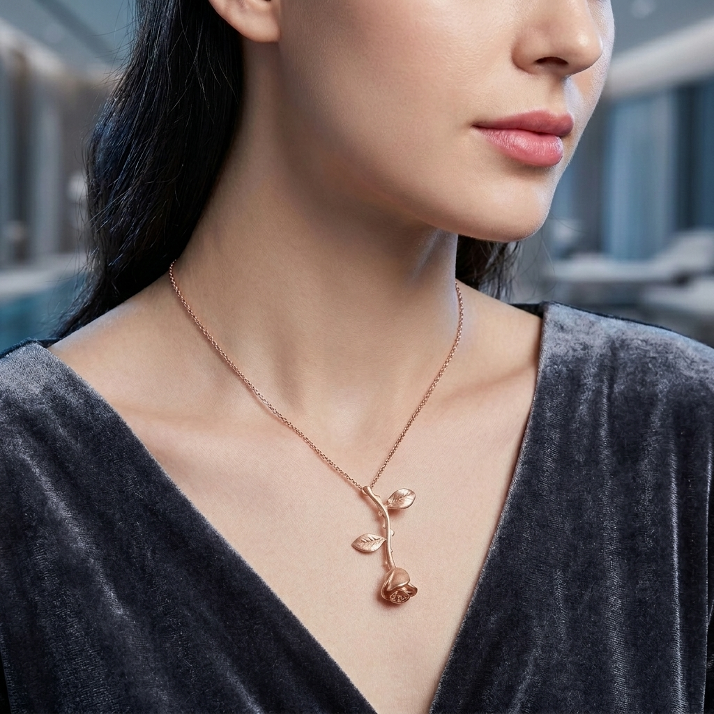 Gold Polished Hanging Rose Flower Necklace